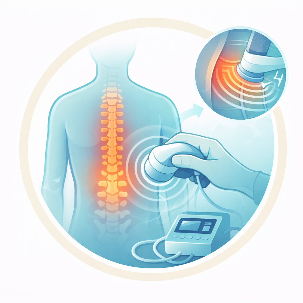 Ultrasound therapy illustration by chiropractor in Auburn, AL, shows spine treatment for pain relief.