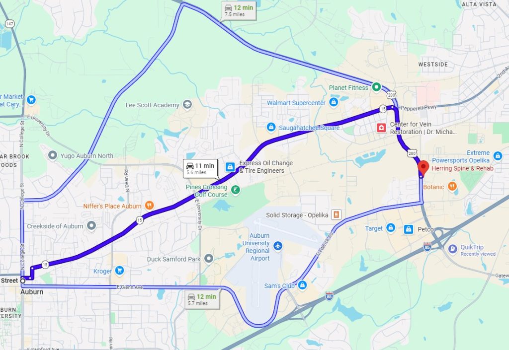 Map of Opelika, AL highlighting route options and nearby amenities, perfect for finding a chiropractor in Opelika, AL.