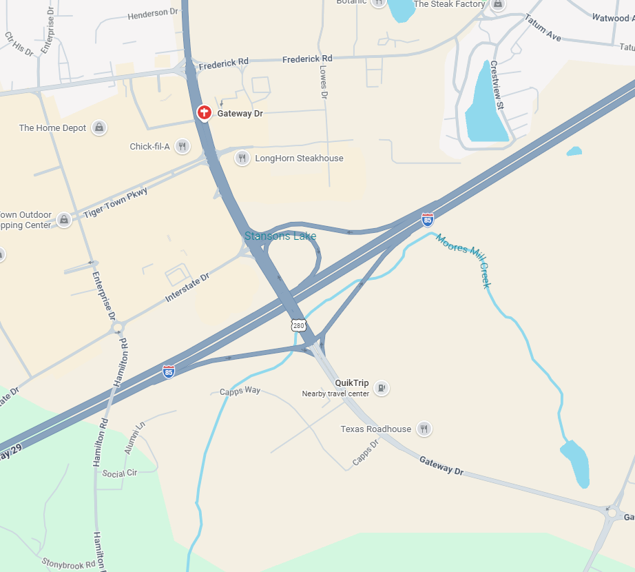 Map showing area near I-85 and Gateway Dr, ideal for finding a chiropractor in Auburn, AL.