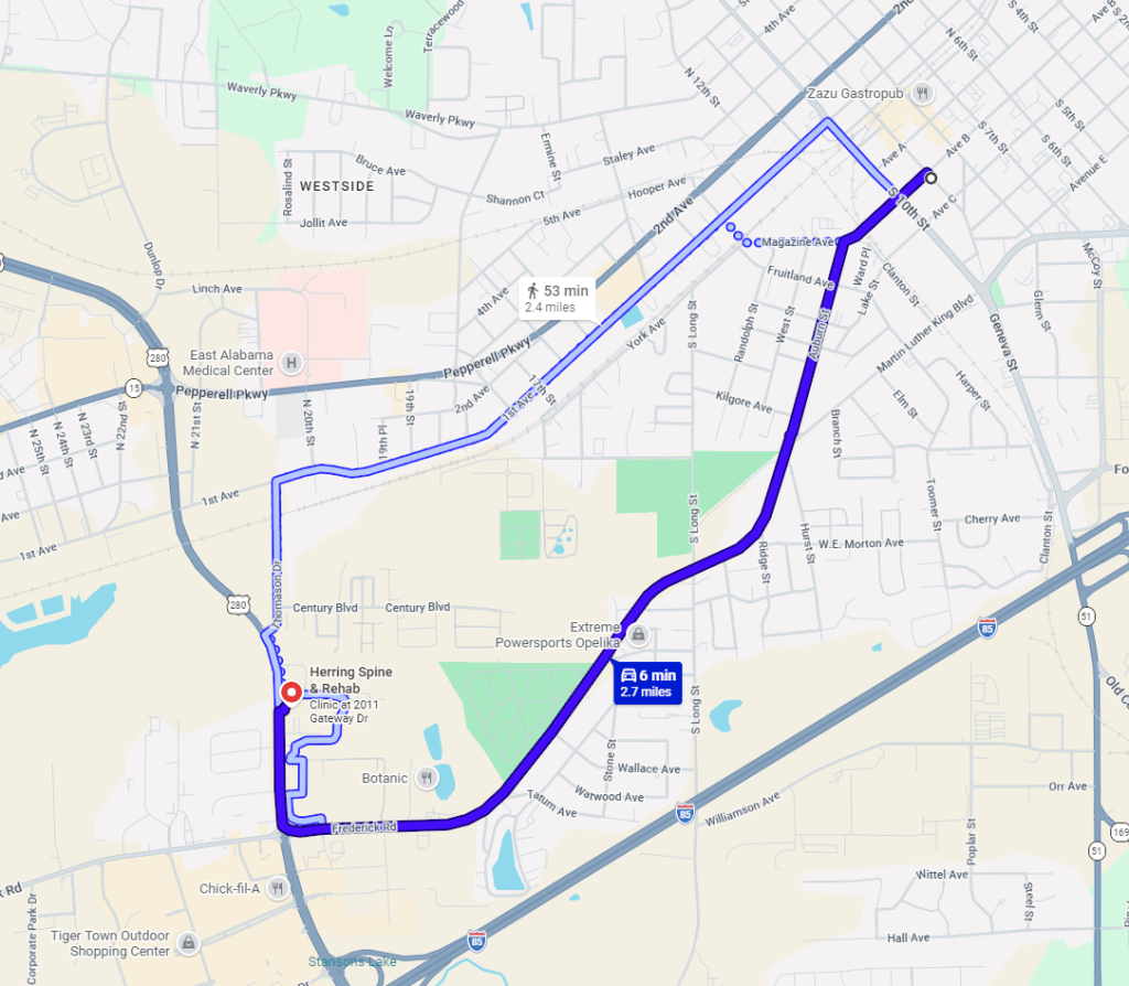 Map showing driving route to chiropractor in Opelika, AL from nearby location, highlighting the travel path and area.