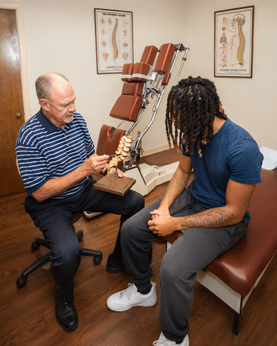 A chiropractor in Opelika, AL explaining spine health with a model to a patient in an office setting.
